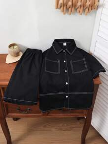 SHEIN Leap Crew 2pcs/Set Tween Boys Korean Style Casual Contrast Collar Pocket Shirt & Elastic Waist Shorts, Suitable For Outings, School, Holiday, Home, Sports, Spring/Summer - Black - View 6