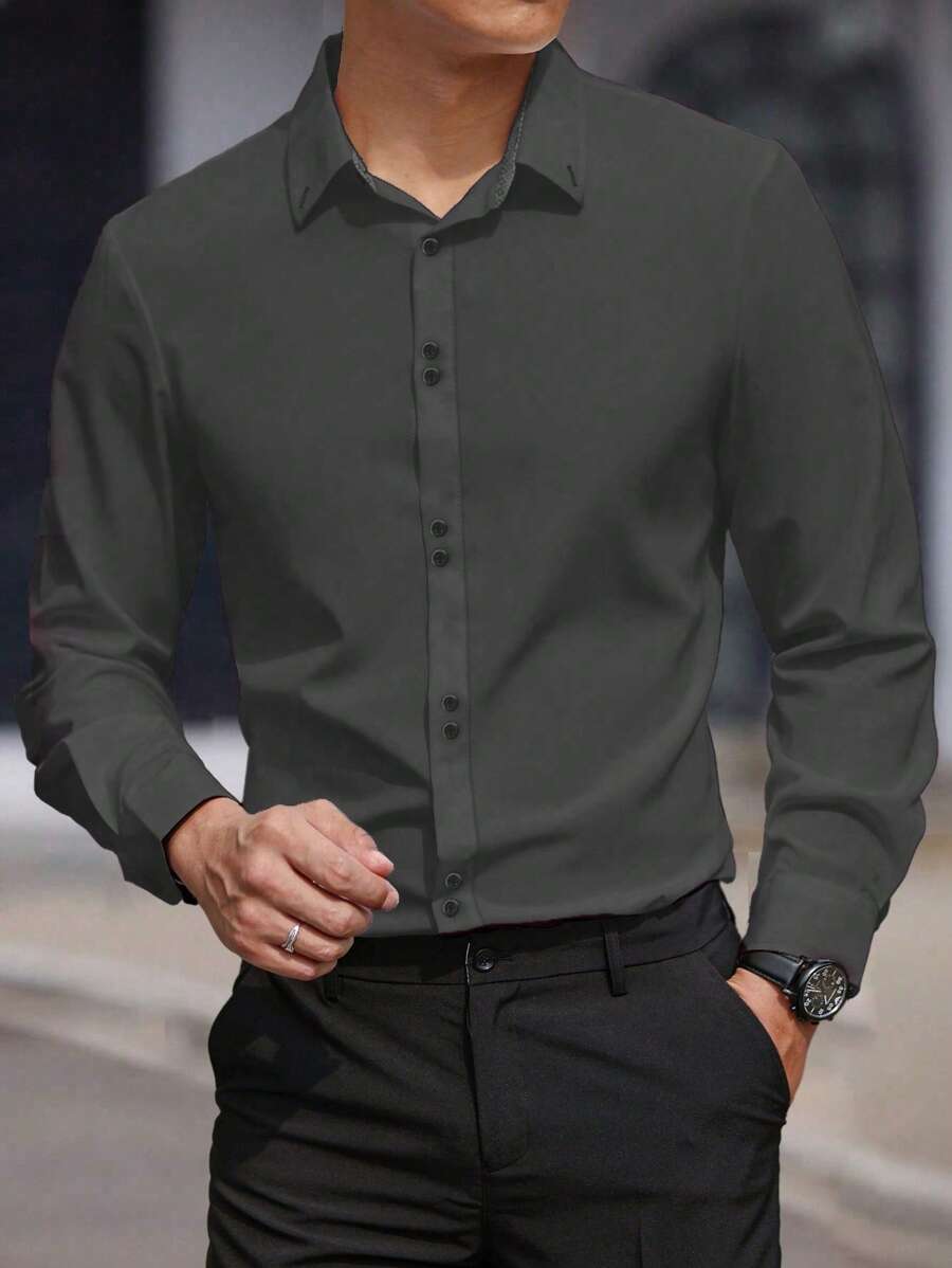 Manfinity Homme 男士寬鬆版型鈕扣長袖襯衫,商務休閒風 - 灰色 - 查看 1
