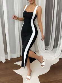 EMERY ROSE Women's Elegant Commuter Casual Black & White Color Block Mid-Length Slip Dress, Spring/Summer - Black - View 6