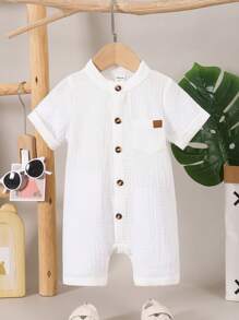 SHEIN 1pc Newborn Baby Boys White Short Sleeve Snap Front Jumpsuit, Soft Comfy Casual For Home, Outdoor, Travel, Spring/Summer Neutral Baby Clothes Short Sleeve Baby Romper Unisex Baby Romper Baby Casual Romper Neutral Baby Clothes Unisex - White - View 3