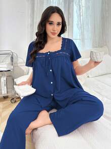 Plus Size Women Hollow Floral Patchwork Square Neck Open Front Ruffle Sleeve Top & Pants Pajama Set - Royal Blue - View 3