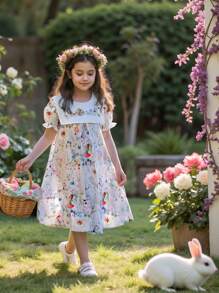 Vintaside Kids Young Girl Cute Rabbit Allover Print Puff Sleeve Dress - Multicolor - View 11