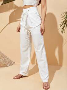 SHEIN VCAY Drawstring Waist Straight Leg Trousers - White - View 5