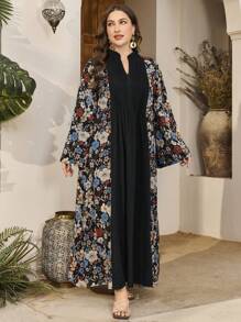 Al Najma Plus Size Women's V-Neck Pleated Bell Sleeve Floral Loose Casual Elegant Romantic Arabic Style Dress - Multicolor - View 5