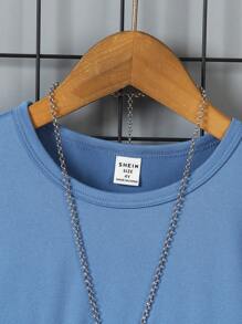 SHEIN 2件套男童字母拼接圆领短袖短裤套装，带贴布，适合夏季度假、旅行、休闲、日光浴 - 霧霾藍 - 查看 4