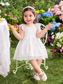 女婴可爱夏季百搭花卉刺绣盖袖连衣裙 - 白色 - 查看 4