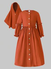 Ramadan Girls Modest Patch Ruffle Trim Long Sleeve Robe Robe With Headscarf, Suitable For Spring & Autumn - Orange - View 4