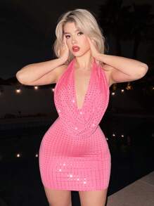 EgrlEra 女士深垂领亮片吊带裙（粉色） - 粉色 - 查看 4