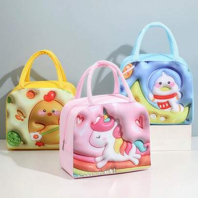 1 件牛津布加厚铝箔内层大容量防水隔热 3D 卡通拉链便携午餐袋，适用于工作、学校、野餐、露营和食物储存