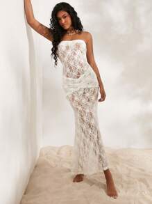 Opulessa Vestido de punto de unicolor con encaje y silueta ceñida para mujeres - Blanco - Ver 5