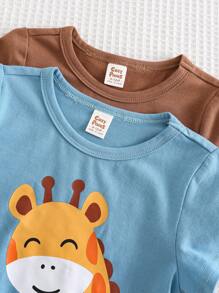 Cozy Pixies 2 件套男婴卡通动物图案针织柔软圆领短袖连体衣，休闲百搭套装 - 藍色 - 查看 3