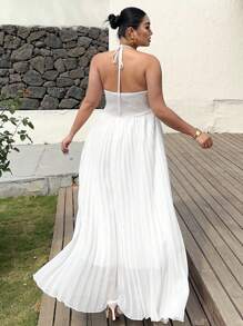 Sunnyshic Plus Size Romantic Vacation Pleated Backless Halter Dress - White - View 2