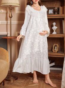 PalaceNights Palace Style Embroidery Long Sleeve Maxi Loose Maternity Nightgown Babydoll Luxe Loungewear, Fall - White - View 6