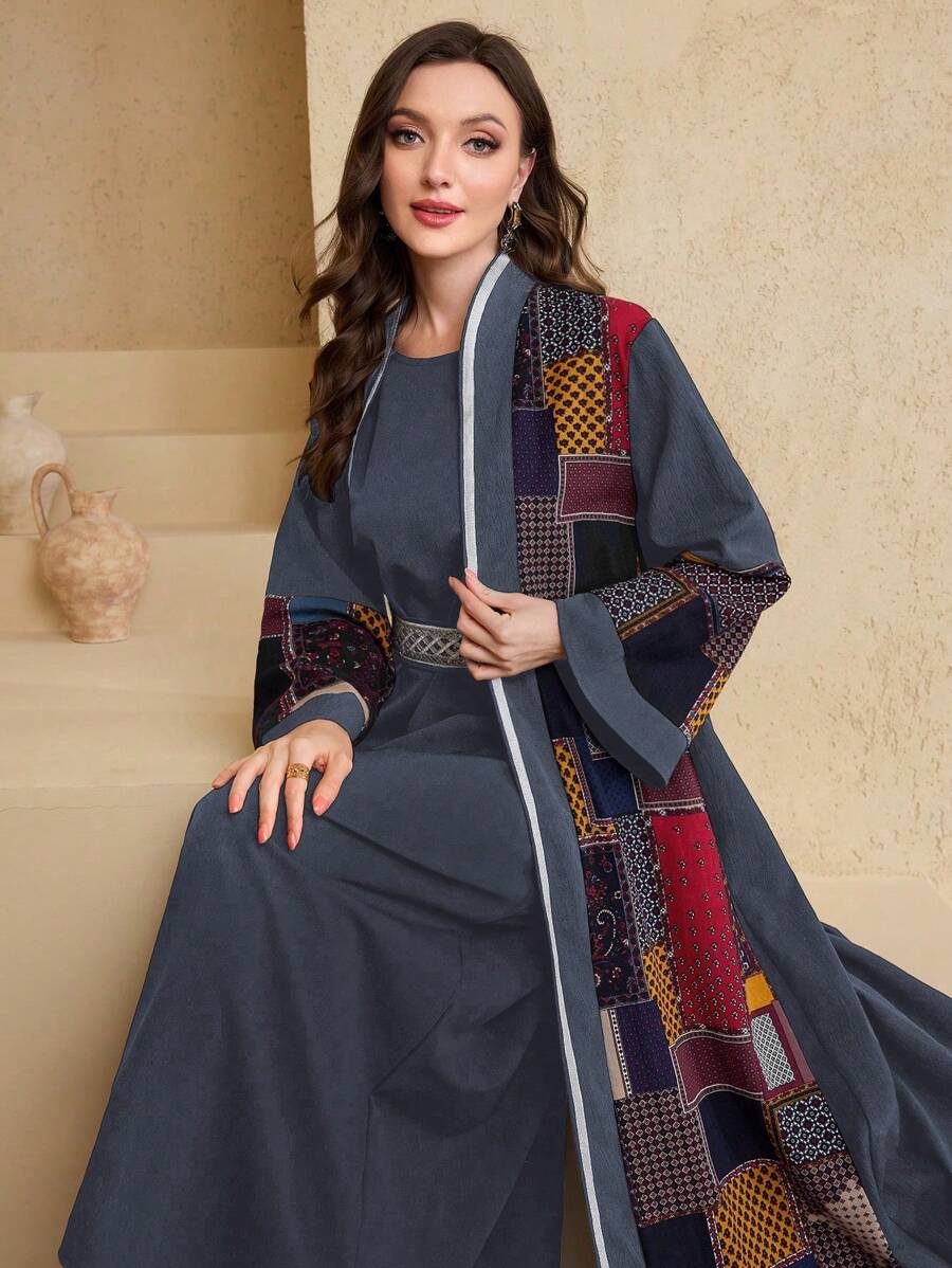 Al Najma 2 chiếc/bộ áo khoác cardigan dài in họa tiết chắp vá cho nữ và váy không tay - Màu xanh bụi bặm - Xem 1