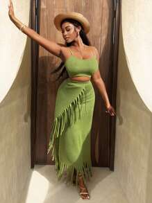 BamGleam 2pcs Women's Fashion Solid Color Cropped Tank Top & Extra Long Fringe Skirt Set - Green - View 5
