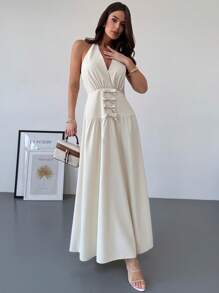 SHEIN Privé Elegante romantische sexy V-hals strik A-lijn lange jurk, mode voor date, feest en Valentijnsdag