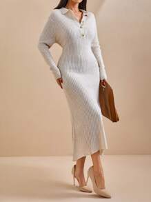 EURMUSE Đầm len bó sát cổ polo cài nút phía trước cho nữ - Màu be - Xem 6