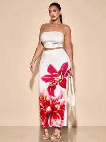 SHEIN BAE Women's Plus Size Summer Marble Romantic Big Flowers Print Bandeau Top And Wrinkle Asymmetric Skirt Set - Multicolor - View 1