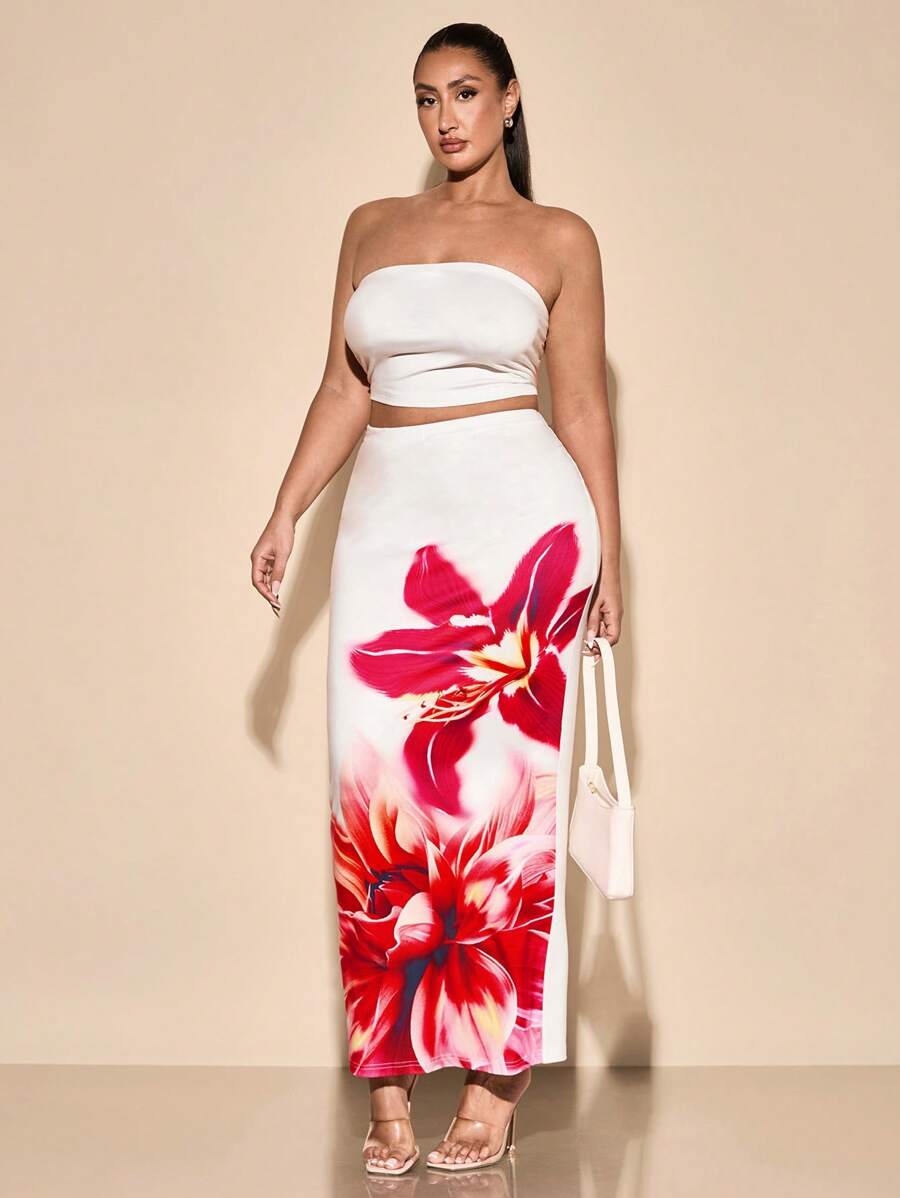 SHEIN BAE Women's Plus Size Summer Marble Romantic Big Flowers Print Bandeau Top And Wrinkle Asymmetric Skirt Set - Multicolor - View 1