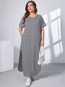 SHEIN Essnce Plus-Size Women's Casual Dress, Long Dress, Striped Short-Sleeved Summer Dress, 2 Pockets Summer Outfits For Women,Easter Dress - Black - View 7
