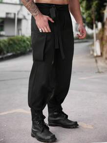 Manfinity Homme Pantalones casuales de hombre de talla grande de un solo color con cordones y bolsillos, para usar a diario - Negro - Ver 1