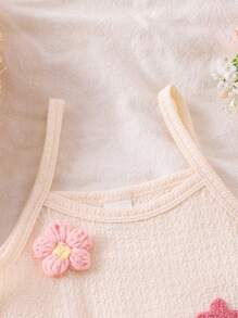 SHEIN Young Girl Apricot Knitted Minimalist Strap Dress With Embroidered 3D Floral Decor, Comfortable Summer Casual Skirt For Little Girls & Teenagers - Apricot - View 6