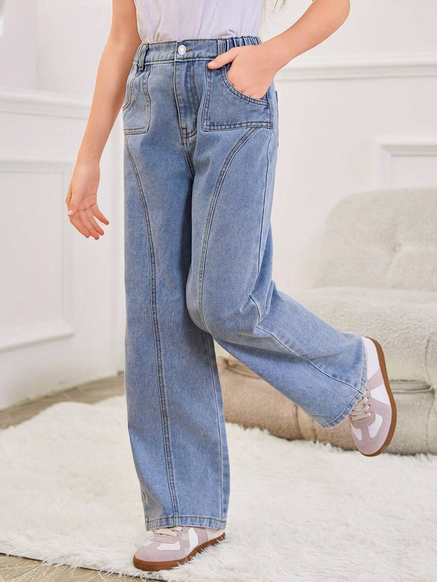 Denimly 直筒牛仔裤 - 中度洗水，青少年女孩休闲日常都市街头