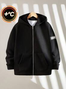 SHEIN Tween Boy's Plush Hooded Jacket, Autumn/Winter - Black - View 6