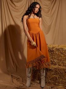 COSMINA Elegant Damen Urlaubs-Orange Gerafftes Midi-Kleid mit Quasten ohne Ärmel, Frühling/Sommer