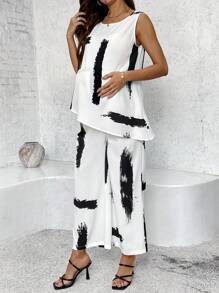 SHEIN 2 件套孕妇装毛刷印花不对称下摆无袖上衣和可调节腰部裤子，休闲