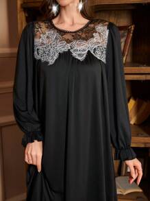 女式法式优雅蕾丝边长款睡袍 - 黑色 - 查看 6
