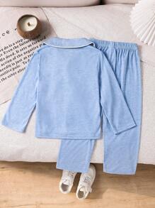 SHEIN Young Boy Solid Color Patchwork Button-Front Long Sleeve Top And Pants Pajamas Set - Mint Blue - View 2