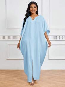 SHEIN Lady 节日连衣裙大码短袖女士长袍宽松垂坠节日新娘送礼会礼服海滩女士高腰修身长裙 - 淺藍色 - 查看 5