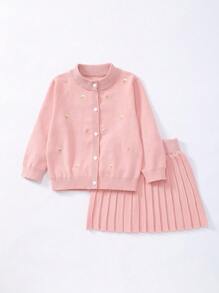 SHEIN Playful Pals 2pcs/Set Young Girls Ditsy Floral Embroidery Long Sleeve Knitted Cardigan & Pleated Mini Skirt Suits, Cute/Vintage/Casual Suitable For School And Outdoor, Spring/Summer Outfits Kids Swearter Skirts Sets Girls Sweater Set Set Clothes For Girls - Pink - View 1