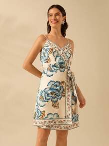 CAJUNI Women's Boho Tropical Apricot & Blue Floral Print Strappy Wrap Front Casual Summer Mini Dress - Multicolor - View 6