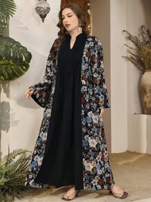 Al Najma Plus Size Women's V-Neck Pleated Bell Sleeve Floral Loose Casual Elegant Romantic Arabic Style Dress - Multicolor - View 4