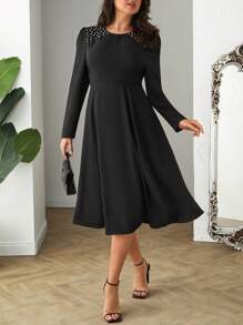 SHEIN Cottnline PLUS ELEGANT LONG SLEEVE PEARL BEADED DRESS - Black - View 1