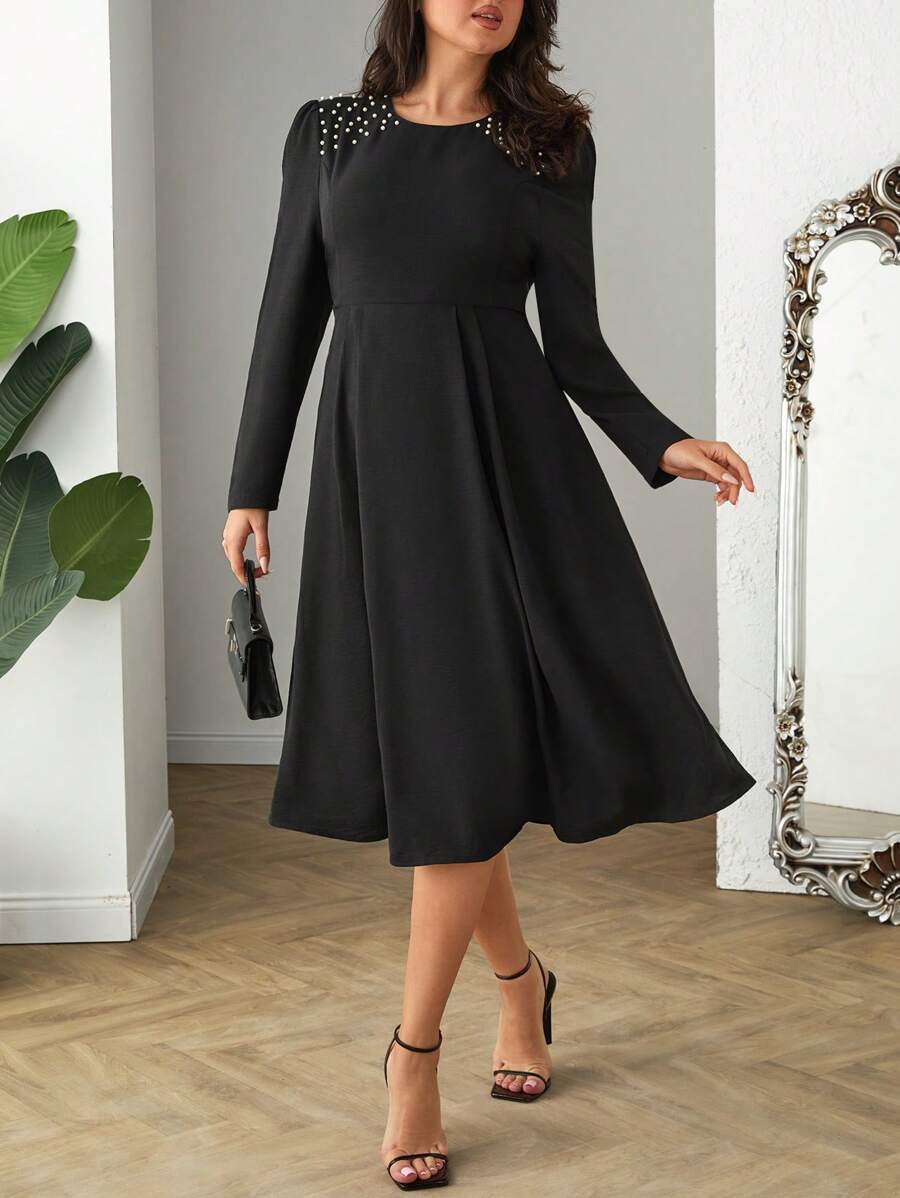SHEIN Cottnline PLUS ELEGANT LONG SLEEVE PEARL BEADED DRESS - Black - View 1