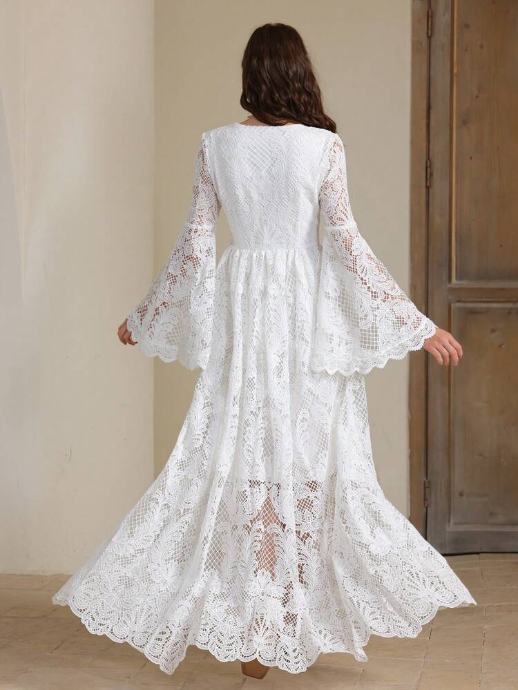 Elegant Vintage Style Feature Floral Lace V-Neck Semi-Sheer Flare Sleeve Woman Dress, Festival Going Out Vacation Outfit,Boho Beach Outfit For Women Lace Dresses For Women
