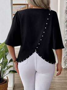 EMERY ROSE Plus Size Women's Woven Fabric Blouse, Round Neck, Chest Appliqued Flower, Balloon Sleeve, Beaded Back, Casual Elegant Daily Commute, Spring/Summer Short Sleeve Shirt. Fitted And Comfortable Design, Suitable For Music Festivals, Valentine's Day, Thanksgiving, New Year's, Christmas, Halloween And Other Holidays, Casual Gatherings, Beach Vacations, Park Picnics, Daily Commute, Wedding And Cocktail Parties. Comfortable Fabric, High Cost Performance. - Black - View 6