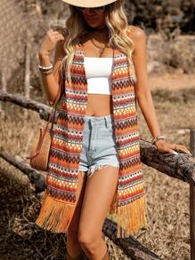 LanaWest Summer Bohemian Fringe Hem Sleeveless Casual Vacation Thin Jacket - Multicolor - View 1