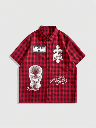 Grunge Punk Men's Plaid Letter Print Short Sleeve Single-Breasted Casual Shirt