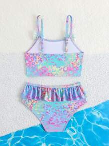 Young Girl Summer Beach Cute Colorful Leopard Digital Printing Butterfly Decor Pants With Ruffles Edge, Swimwear Set - Multicolor - View 4