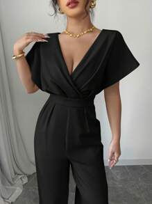 Elenzga 女士纯色 V 领褶皱腰休闲连体裤 - 黑色 - 查看 4