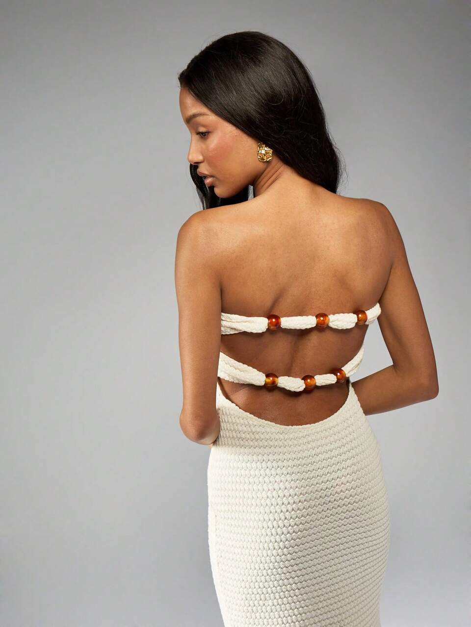 MISSGUIDED Crochet Knit Bead Detail Cut Out Back Bandeau Flare Hem Maxi DressVacay Summer Resort Ibiza Mykonos Europe Vacation Cute Sundress