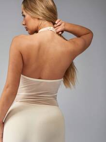 MISSGUIDED Halter Neck Evening Gown Twisted Front Detail Fishtail Maxi Dress Floor Length Special Occasion Wedding Guest Glamorous Party Formal Gown - Apricot - View 6