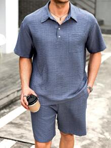 Manfinity CasualCool "Men's Casual Daily Wear And Vacation Attire, Featuring A Blue Short-Sleeve Polo Set Made From A Faux Denim And Linen-Feel Satin Fabric With A Slight Crinkle. This Outfit Is Suitable For Refreshing Looks In All Seasons, Making It Perfect For Pairing With Outfits For A Hawaiian Beach Vacation. It's Also Great For Couple Matching And Serves As An Excellent Gift Idea For Boyfriends Or Husbands, Ensuring A Stylish Combination." Men Two Pieces Outfits ,Men Shorts Set - Grey - View 3