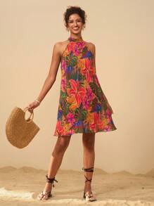 Travachic Damen Urlaubs-Lässig Tropischer Blume Muster Träger-Minikleid im Hawaii-Stil, Urlaubsstrandoutfit, tropisches Sommer-Strandkleid, geeignet für Party, Date, Nachmittagstee, Musikfestival - Heißes Pink - Übersicht 3