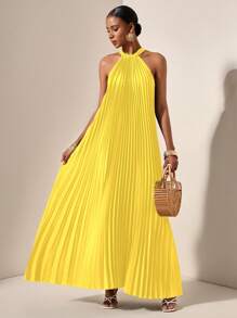 Zivah Beach Spring And Summer Casual Vacation Light Vacation Daily Dating Halterneck Sleeveless Pleated A-Hem Loose Maxi Skirt Dark Green Women's Maxi Dress-A,Sun Dress