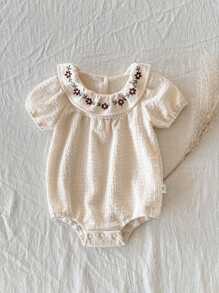 Vintaside Kids Baby Girl Floral Embroidery Ruffle Collar Short Puff Sleeve Cute Bodysuit - Beige - View 5